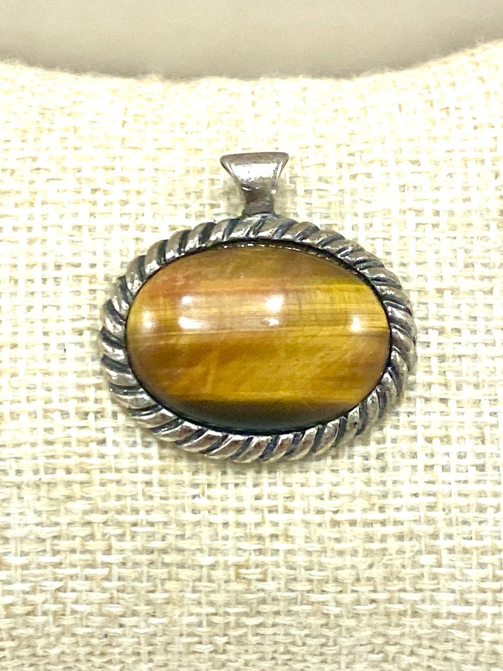 Vintage Silver Tiger's Eye Oval Pendant - Brown and Gold